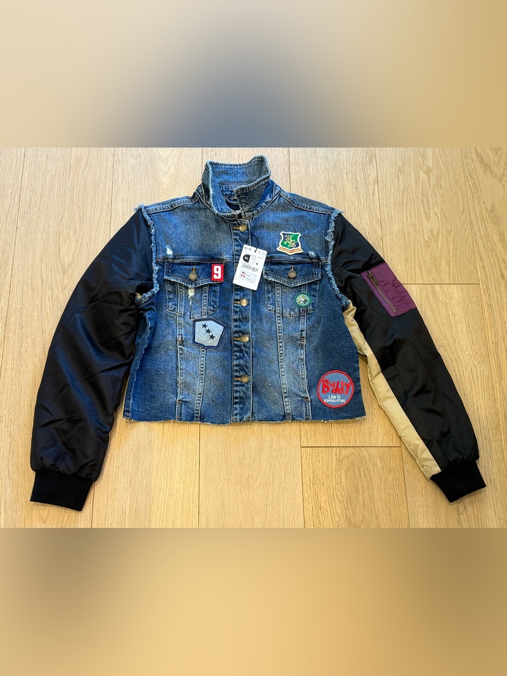 Desigual NWT Rare Hybrid Denim Bomber Jacket XL Patchwork Cropped Streetwear